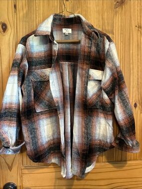 Cozy Plaid Button-Down Shirt Jacket - Rust, Black & White